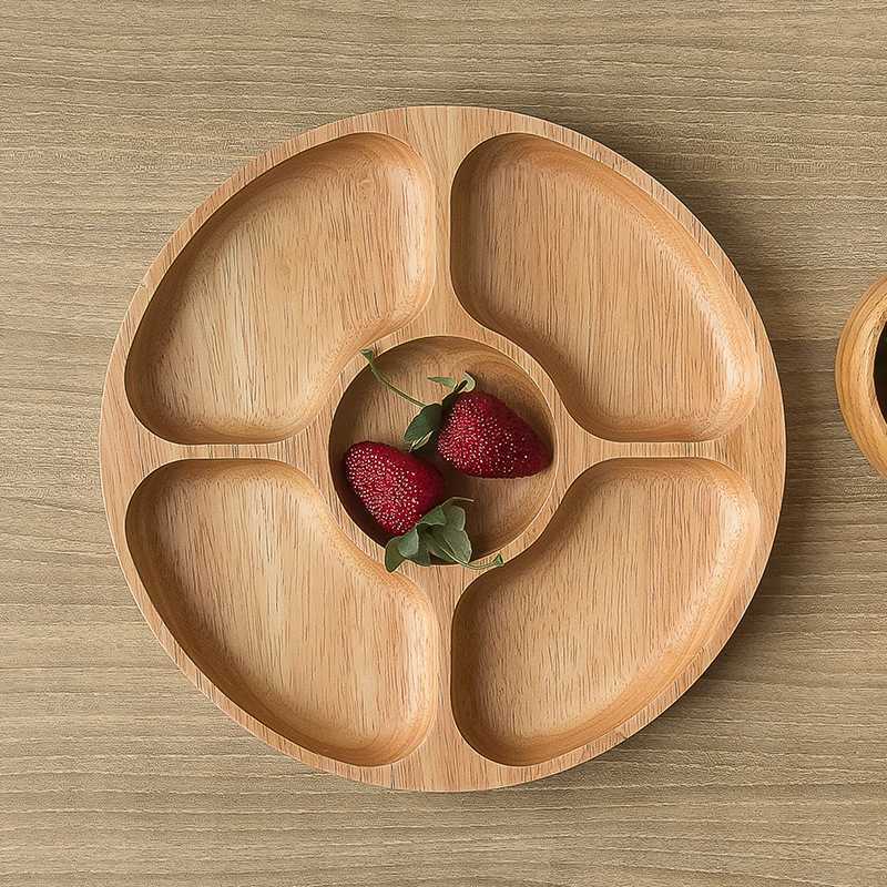 Creative And Personalized Round Compartment Tray  Solid Wood Dried Fruit Platter  Snacks  Nuts Snacks  Refreshments, Wooden Plates