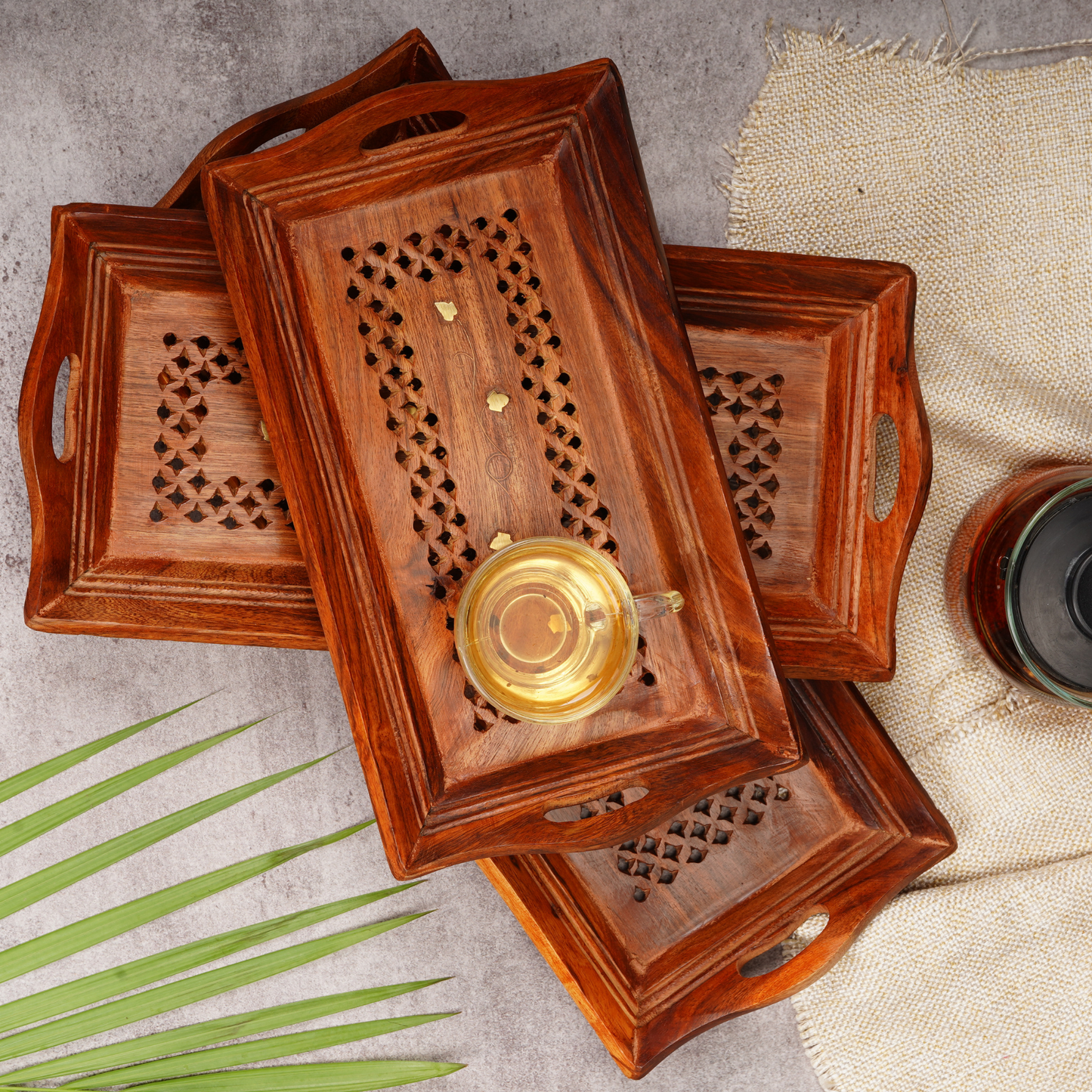 Handcrafted Sheesham Wood With Brass Work Serving Tray Table Decor (Combo of Tiple Product Set)