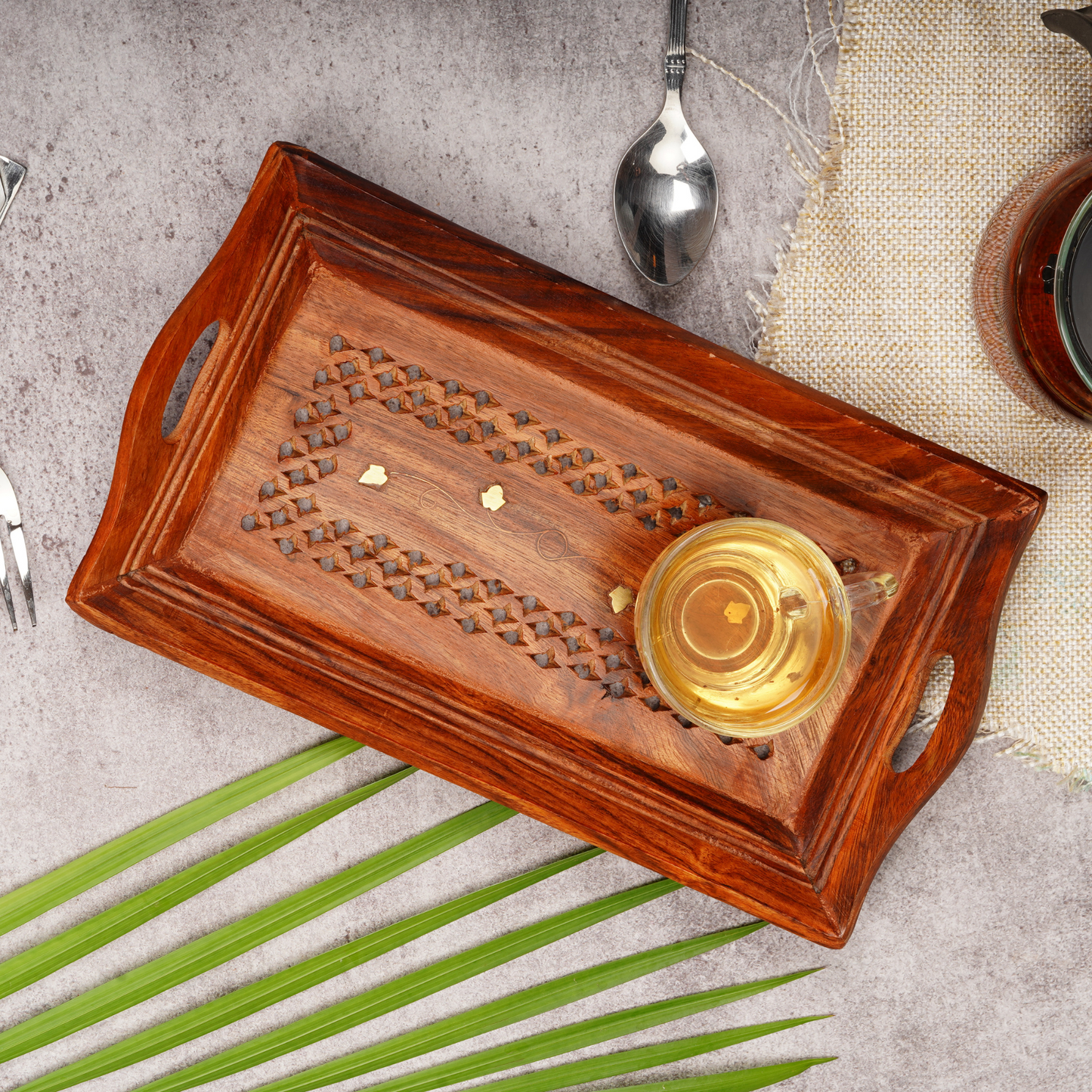 Handcrafted Sheesham Wood With Brass Work Serving Tray