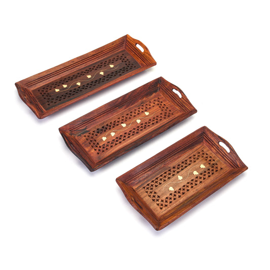 Handcrafted Sheesham Wood With Brass Work Serving Tray Table Decor (Combo of Tiple Product Set)