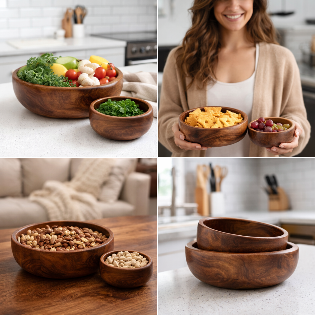 Handcrafted Acacia Wood Bowl Set of 2 – Natural Serving & Snack Bowls