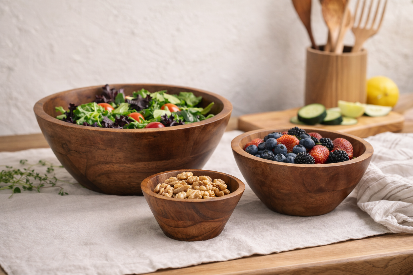 Acacia Wood Bowl Set of 3 – Handcrafted Wooden Serving Bowls (Small, Medium, Large)