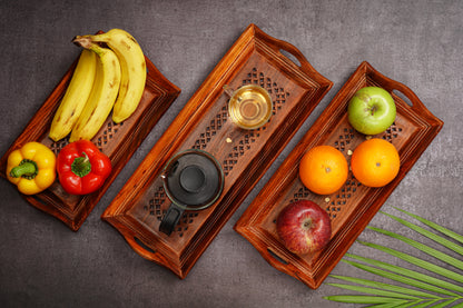 Handcrafted Sheesham Wood With Brass Work Serving Tray Table Decor (Combo of Tiple Product Set)