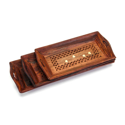 Handcrafted Sheesham Wood With Brass Work Serving Tray Table Decor (Combo of Tiple Product Set)