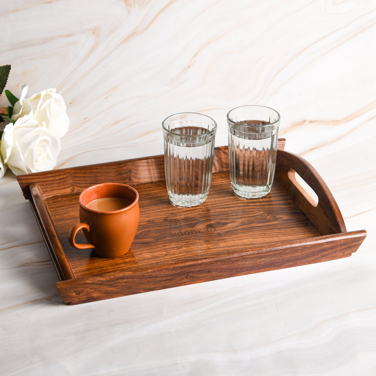 Handcrafted Premium Mahogany Finish Wooden Coffee Tray (Combo of Tiple Product Set-Small, Medium & Large Size)