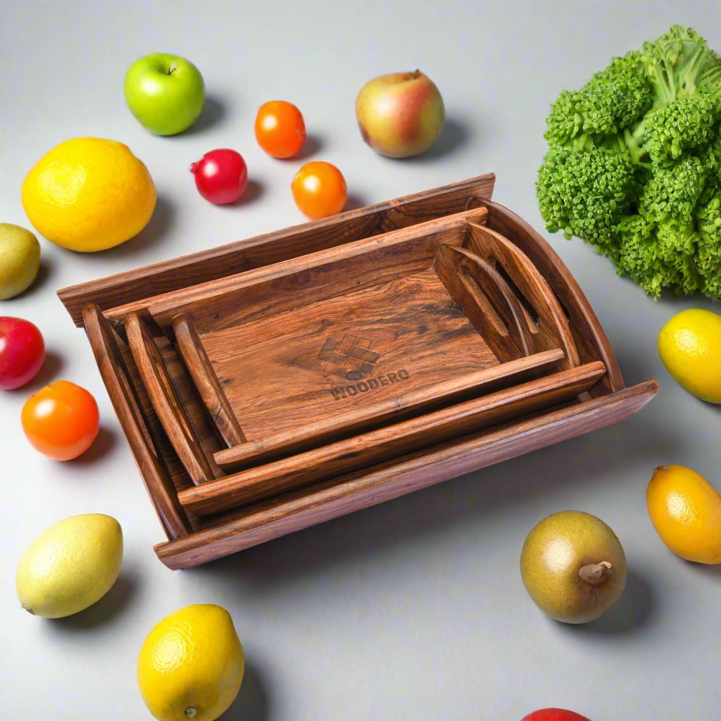 Handcrafted Premium Mahogany Finish Wooden Coffee Tray (Combo of Tiple Product Set-Small, Medium & Large Size)