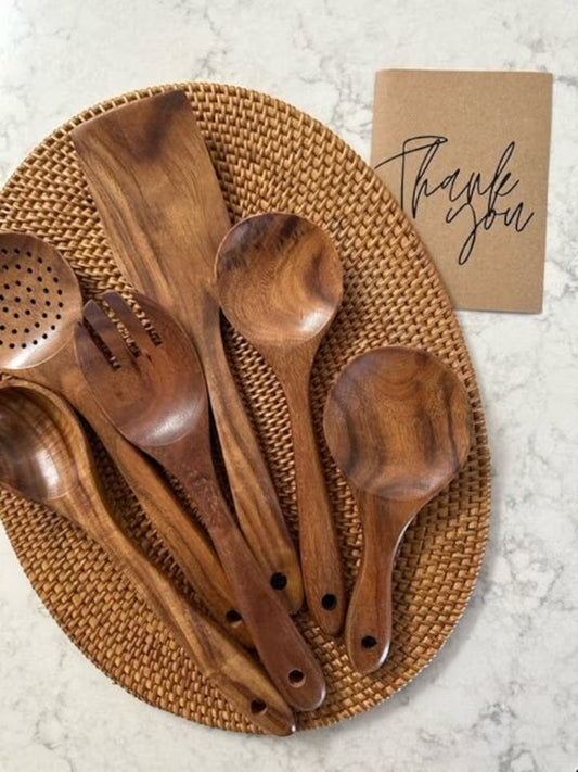 Classic Teak Premium 6 Piece Wooden Kitchen Utensil Set / Wooden Spoon Cooking Sustainable Utensils
